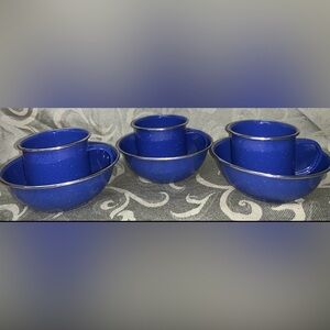 Blue Speckled Enamel Tin Metal 3 Bowls 3 Mugs CupsSilver Metal Rim Camp‎ Hike